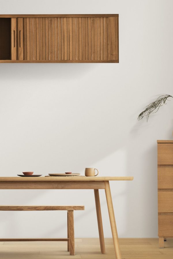 Japandi dining interior mockup psd with wooden furniture